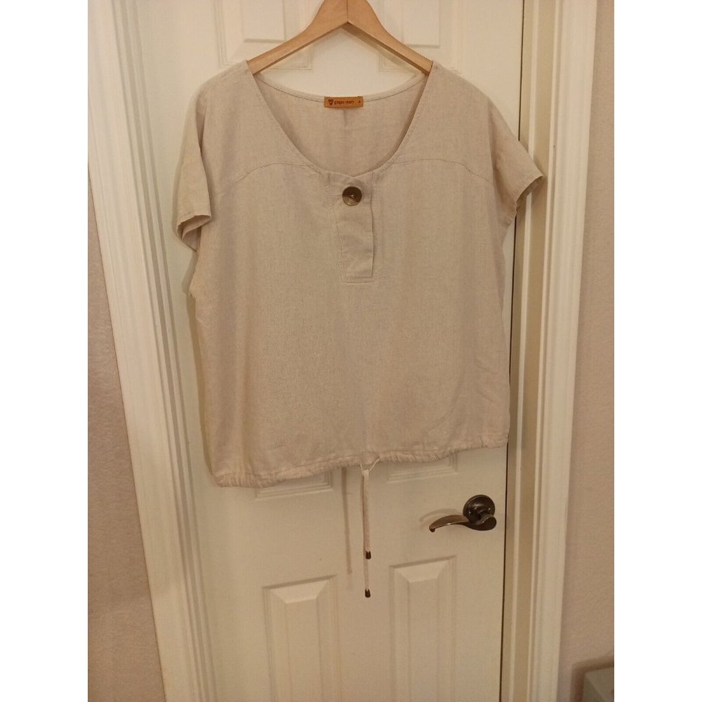 Women's Ginger Mary Beige Flowy Linen Blend Short Sleeve Beach Vacation Shirt XL